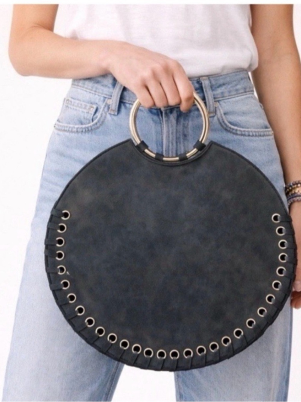 Anthropologie Round Black Tote Bag Gold Ring Handle Grommet Purse